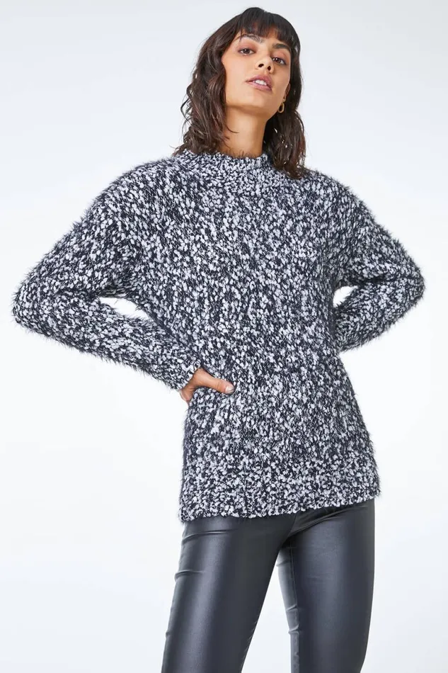 Black High Neck Fluffy Jumper Women Roman Knitwear