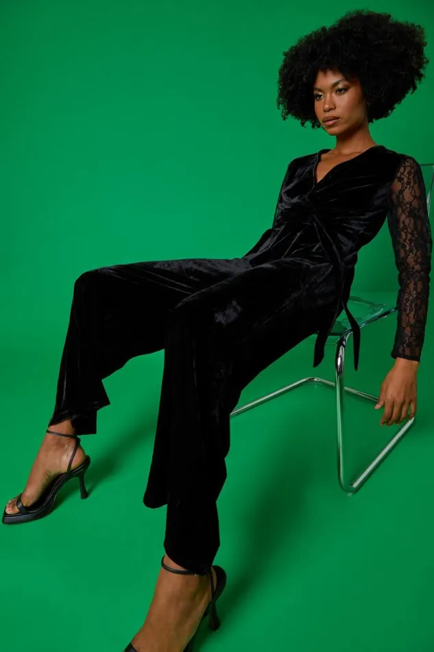 Black Lace Sleeve Velvet Wrap Jumpsuit Women Roman Dresses