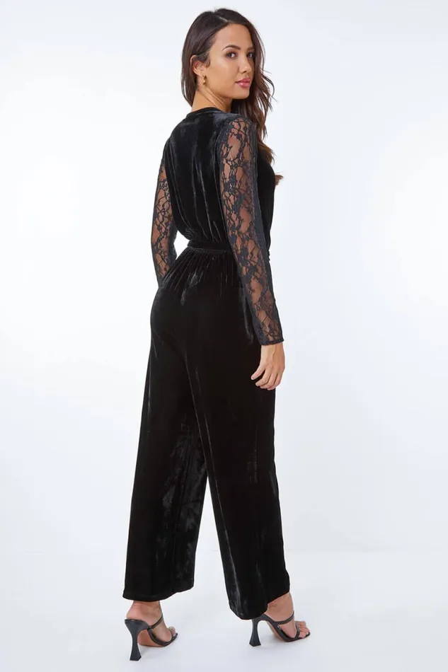 Black Lace Sleeve Velvet Wrap Jumpsuit Women Roman Dresses