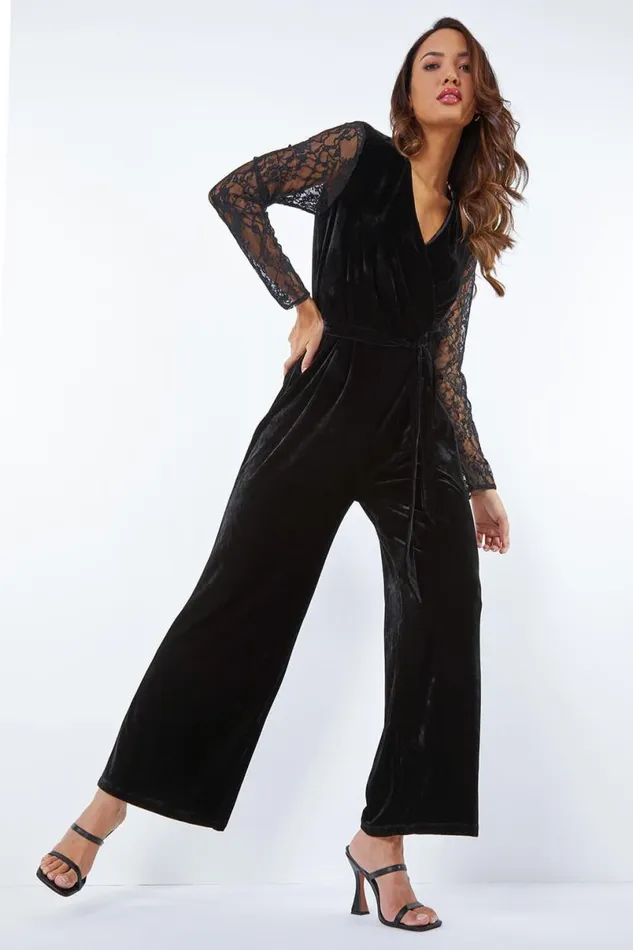 Black Lace Sleeve Velvet Wrap Jumpsuit Women Roman Dresses