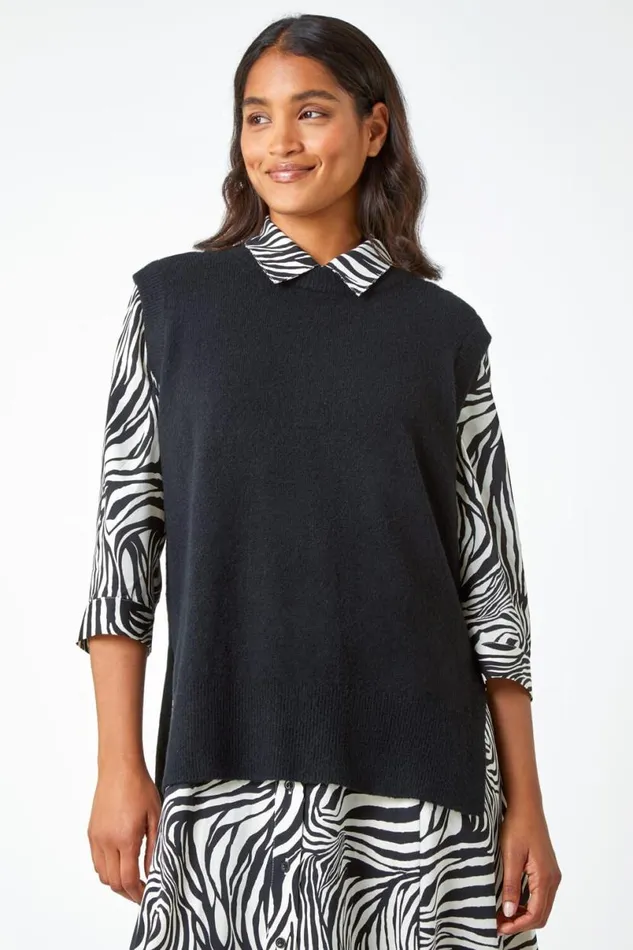 Black Longline Knitted Stretch Vest Women Roman Tops