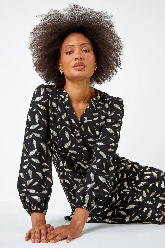 Black Metallic Feather Print Shirt Dress Women Roman Dresses