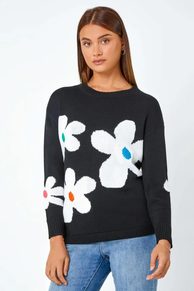 Black Oversized Floral Print Jumper Women Roman Knitwear