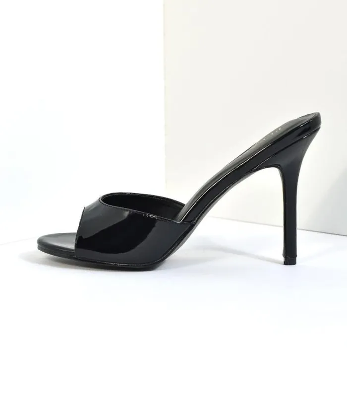 Black Patent Leatherette Peep Toe Slip On Heels Shoes Unique Vintage Heels