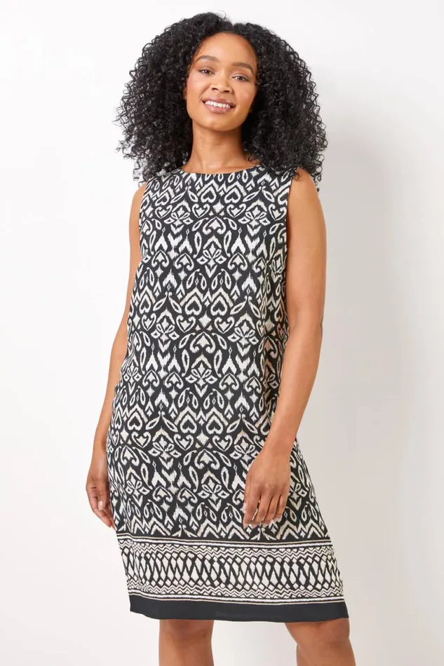 Black Petite Abstract Border Print Shift Dress Women Roman Dresses