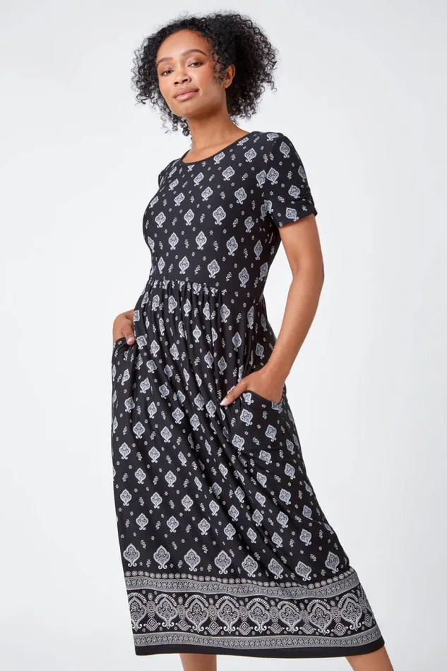 Black Petite Border Print Stretch Midi Dress Women Roman Dresses