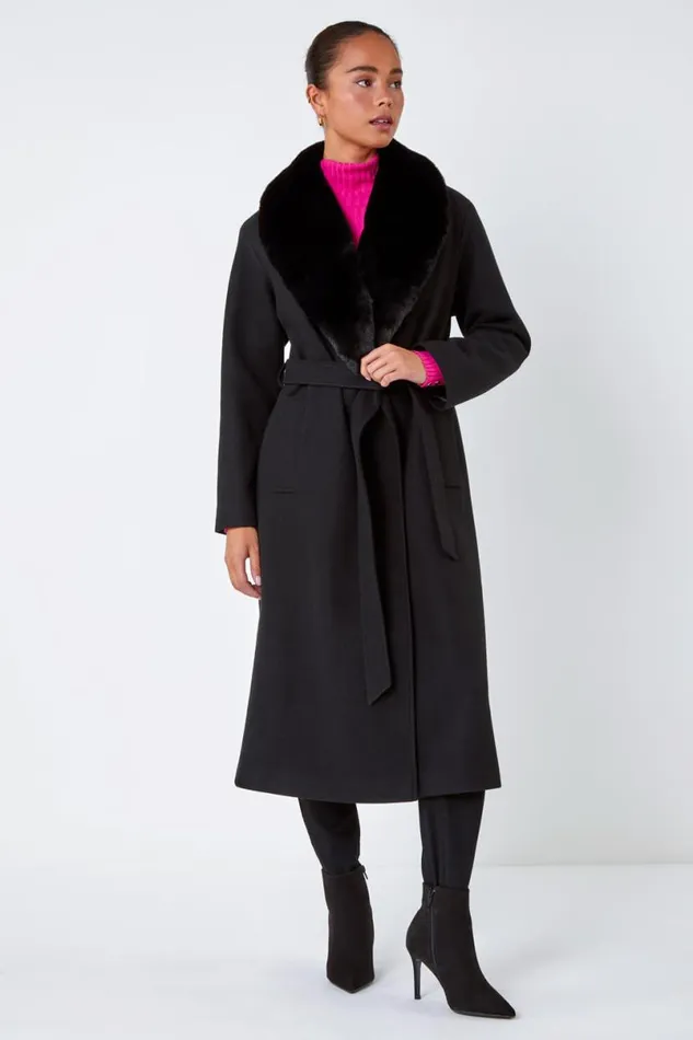Black Petite Faux Fur Collar Longline Coat Women Roman Coats