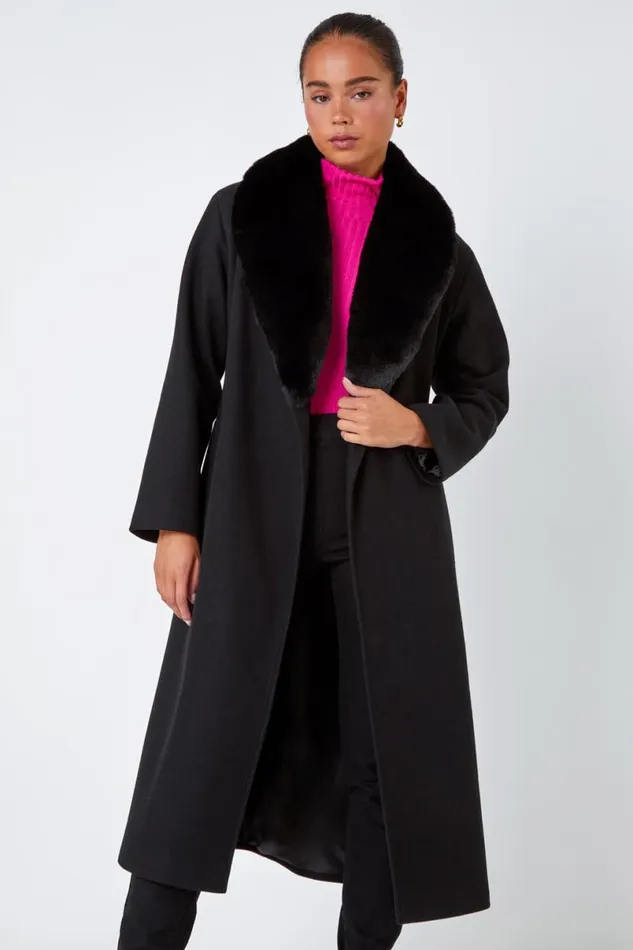 Black Petite Faux Fur Collar Longline Coat Women Roman Coats