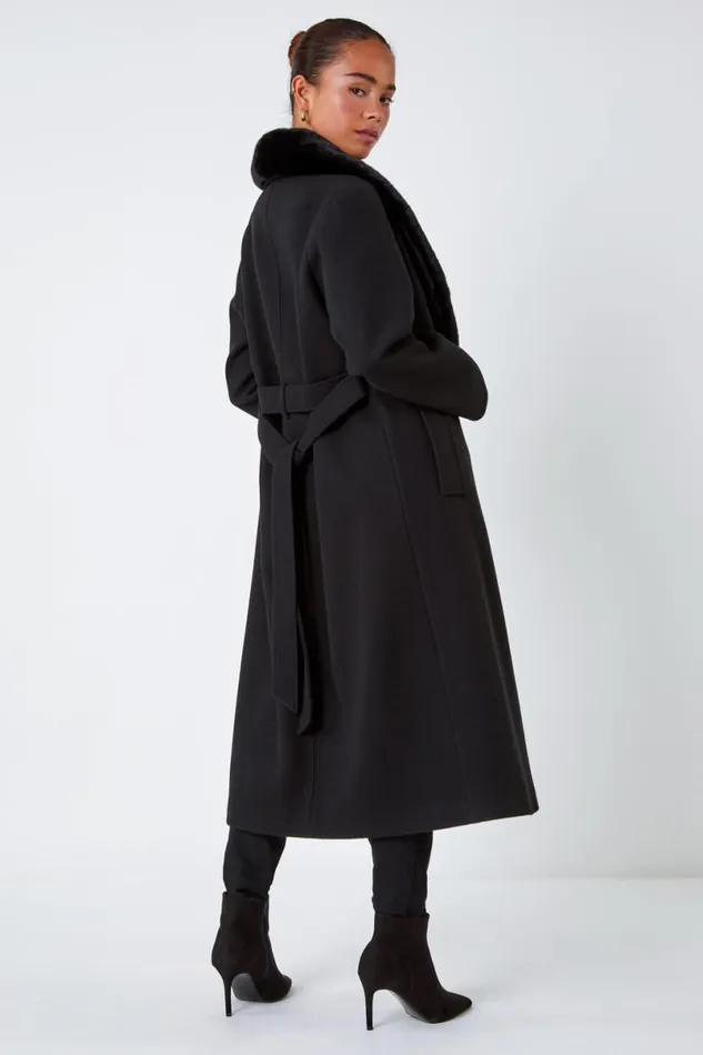 Black Petite Faux Fur Collar Longline Coat Women Roman Coats