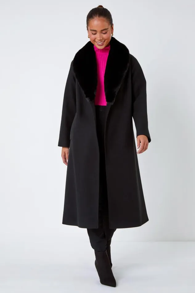 Black Petite Faux Fur Collar Longline Coat Women Roman Coats