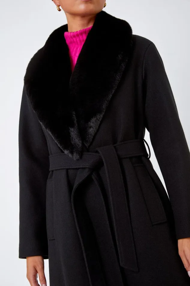 Black Petite Faux Fur Collar Longline Coat Women Roman Coats