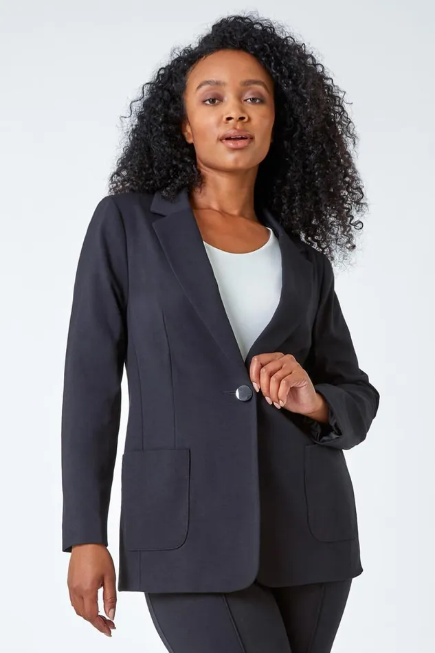 Black Petite Pocket Detail Stretch Blazer Women Roman Jackets