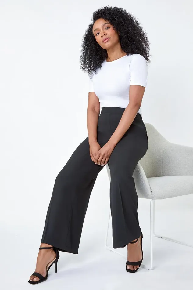 Black Petite Pocket Elastic Waist Wide Leg Trousers Women Roman Occasionwear
