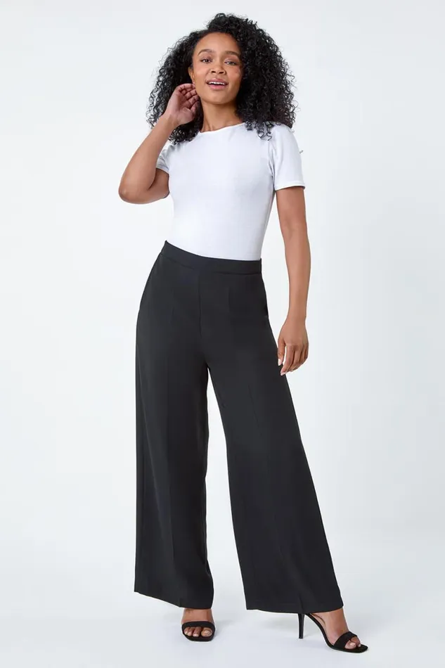 Black Petite Pocket Elastic Waist Wide Leg Trousers Women Roman Occasionwear