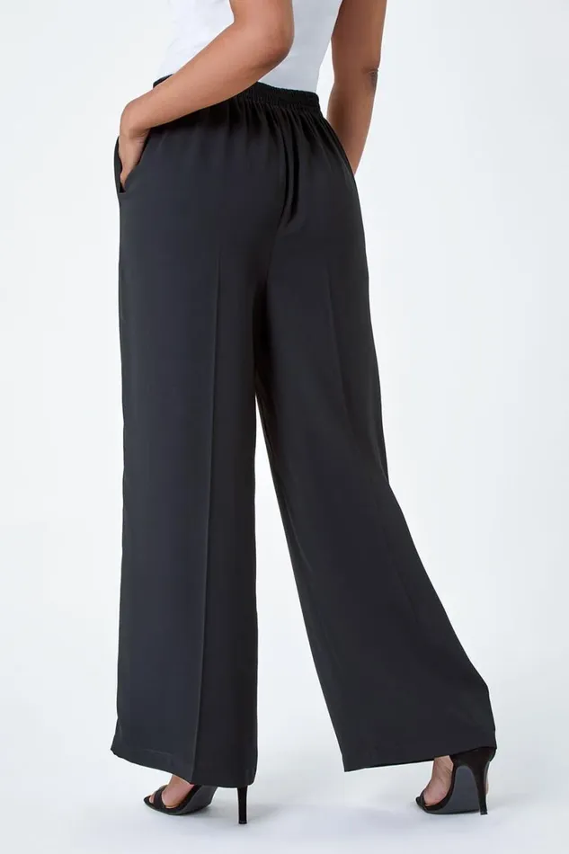 Black Petite Pocket Elastic Waist Wide Leg Trousers Women Roman Occasionwear