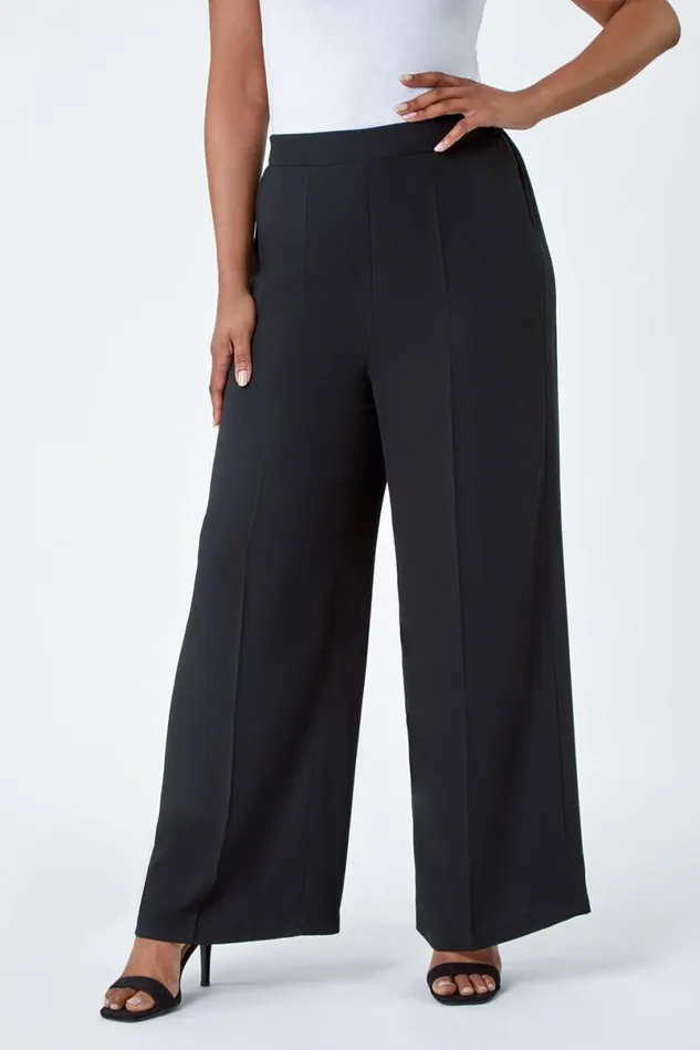 Black Petite Pocket Elastic Waist Wide Leg Trousers Women Roman Occasionwear