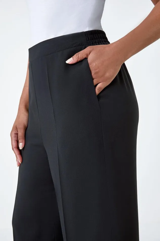 Black Petite Pocket Elastic Waist Wide Leg Trousers Women Roman Occasionwear