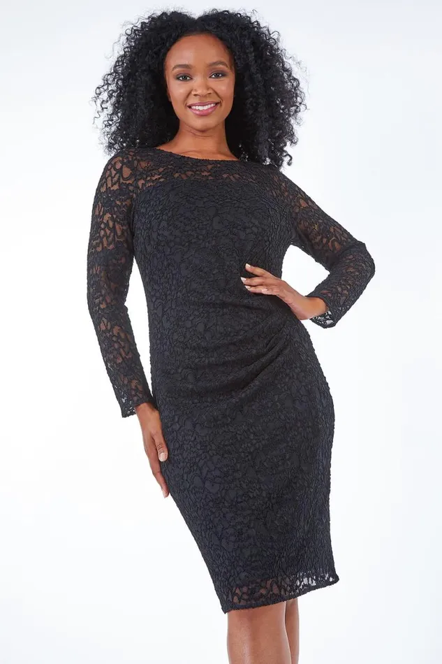 Black Petite Side Ruched Lace Dress Women Roman Dresses