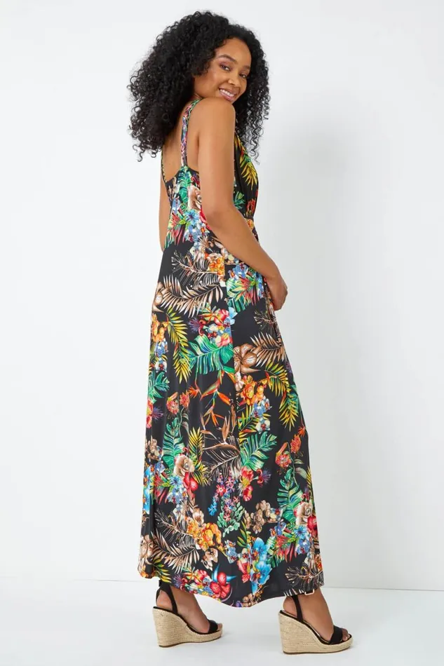 Black Petite Sleeveless Tropical Maxi Stretch Dress Women Roman Dresses