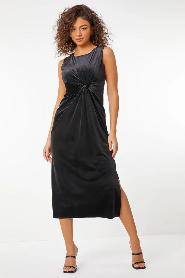 Black Petite Twist Velvet Midi Dress Women Roman Dresses