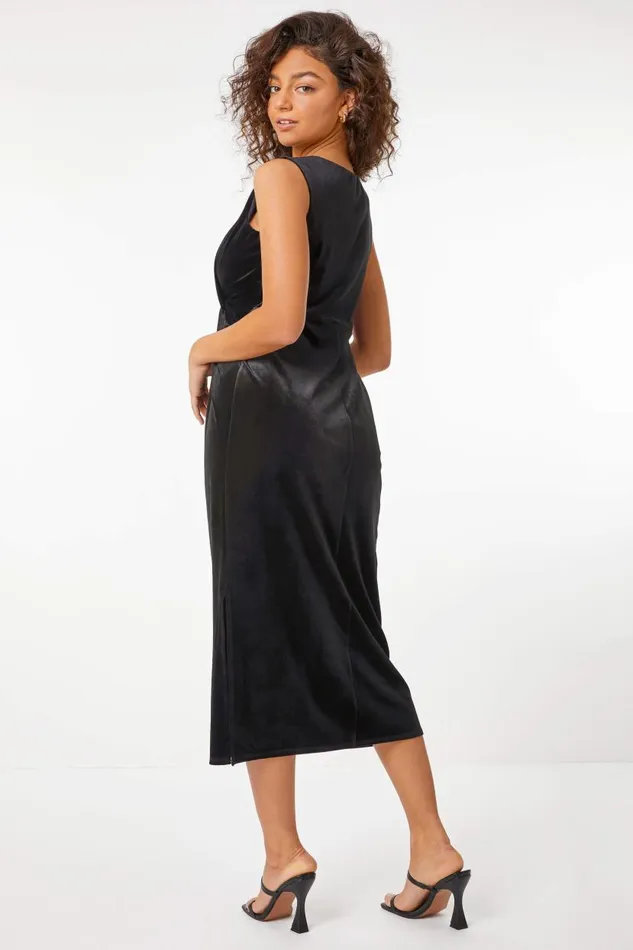 Black Petite Twist Velvet Midi Dress Women Roman Dresses
