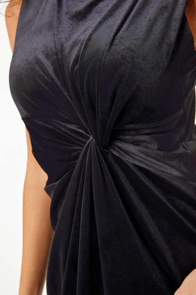 Black Petite Twist Velvet Midi Dress Women Roman Dresses