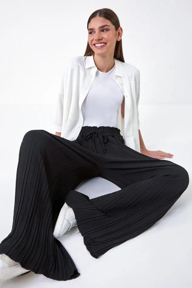 Black Pleated Tie Waist Stretch Trousers Women Roman Trousers