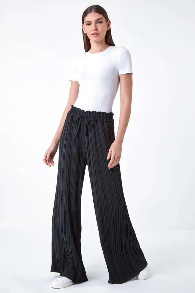 Black Pleated Tie Waist Stretch Trousers Women Roman Trousers