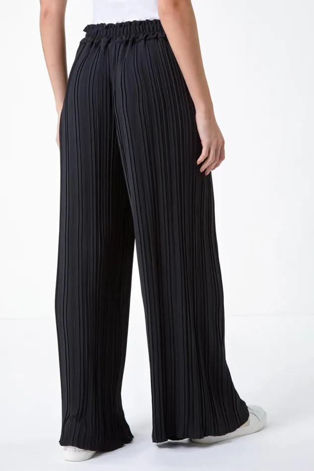Black Pleated Tie Waist Stretch Trousers Women Roman Trousers