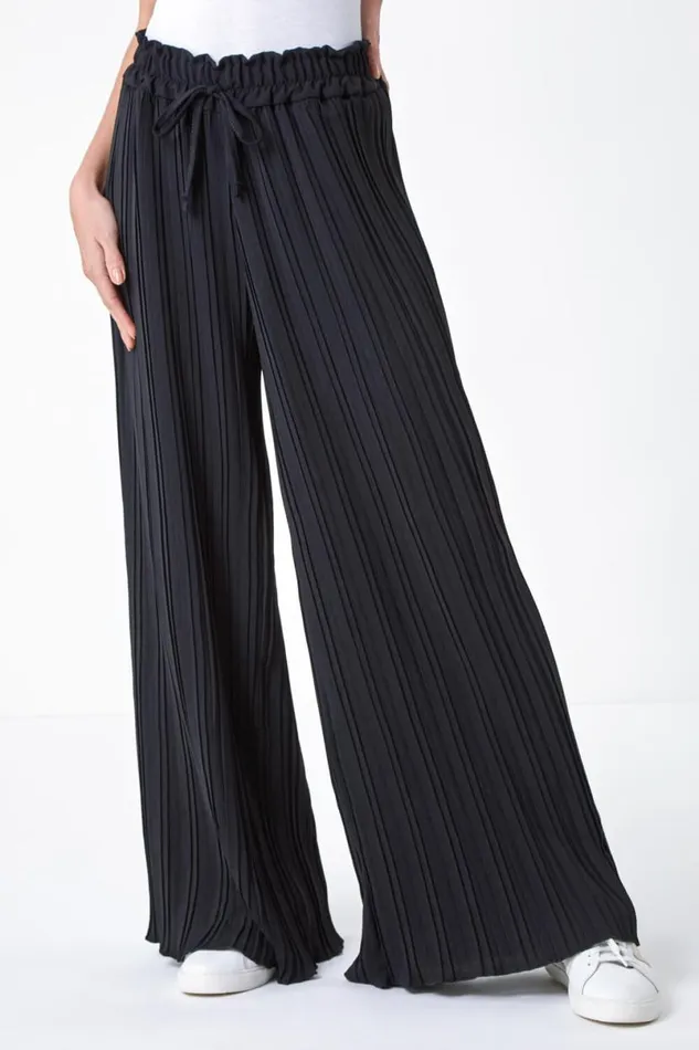 Black Pleated Tie Waist Stretch Trousers Women Roman Trousers