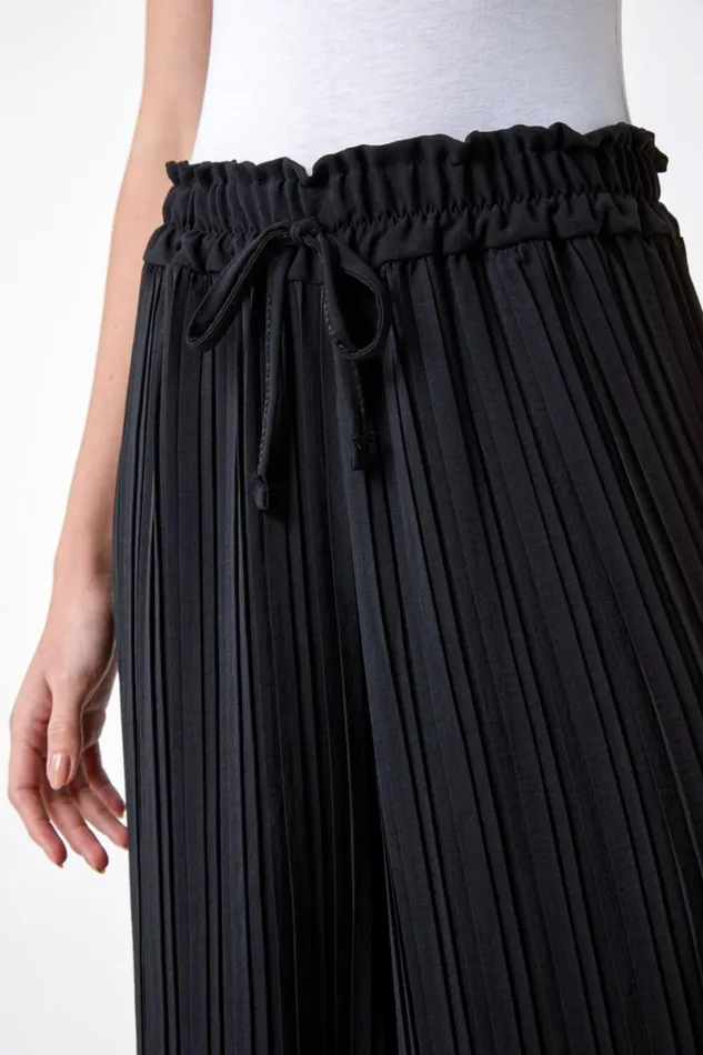 Black Pleated Tie Waist Stretch Trousers Women Roman Trousers