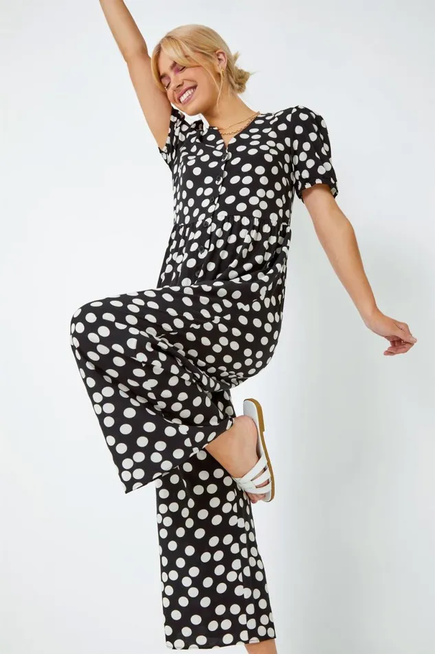 Black Polka Dot Print Culotte Jumpsuit Women Roman Dresses