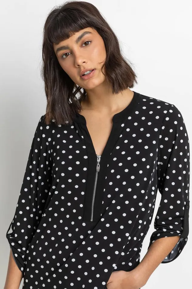 Black Polka Dot Zip Up Jersey Tunic Top Women Roman Tops