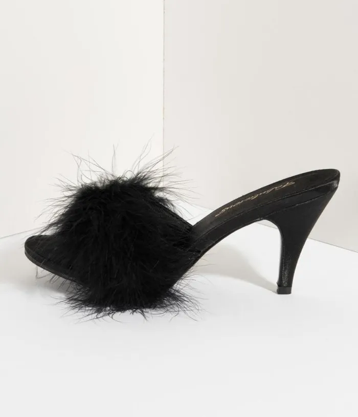 Black Satin and Marabou Feather Peep Toe Amour Heel Slipper Shoes Unique Vintage Heels