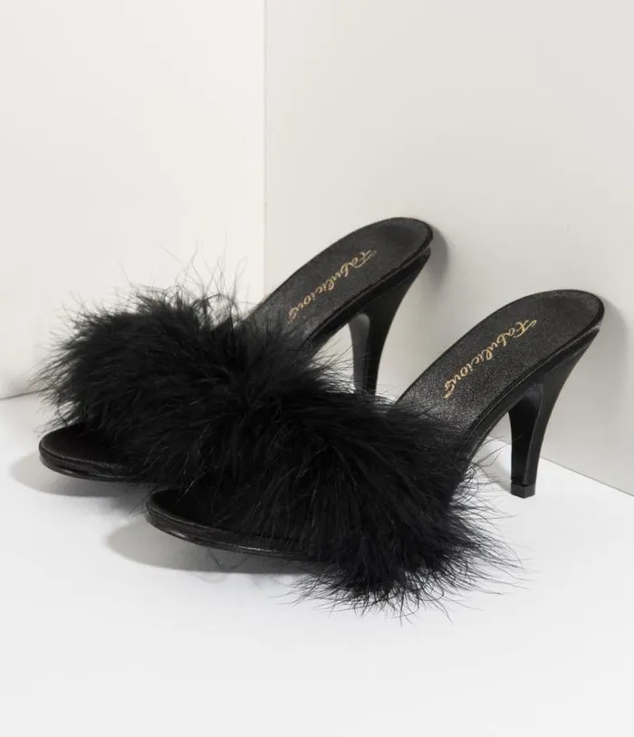Black Satin and Marabou Feather Peep Toe Amour Heel Slipper Shoes Unique Vintage Heels