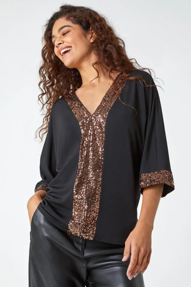 Black Sequin Detail Keyhole Stretch Top Women Roman Tops