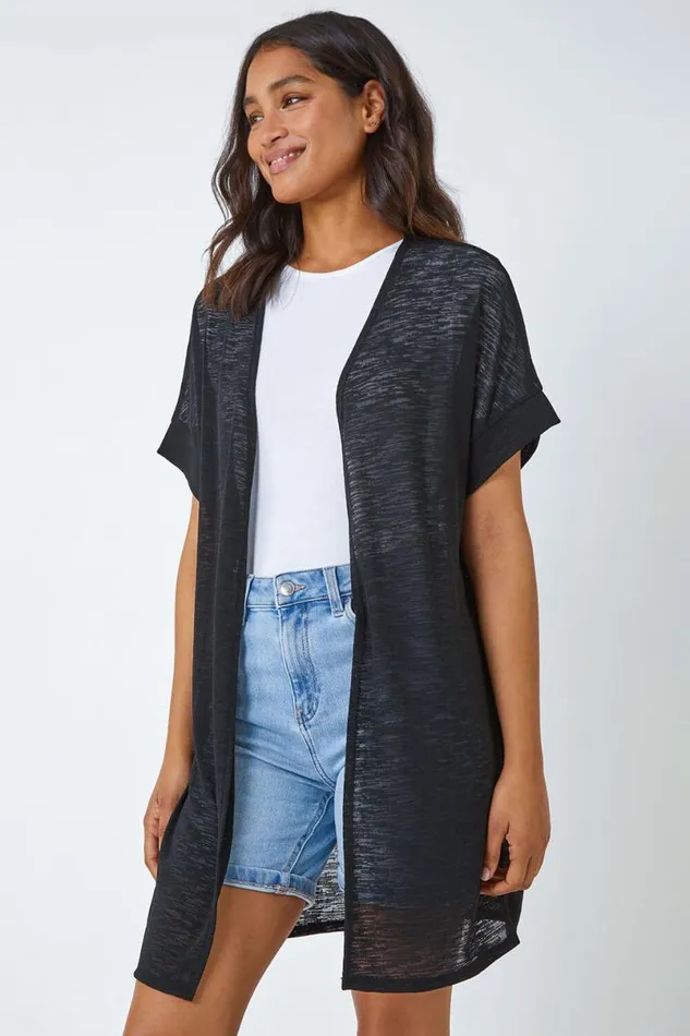 Black Short Sleeve Longline Cardigan Women Roman Knitwear