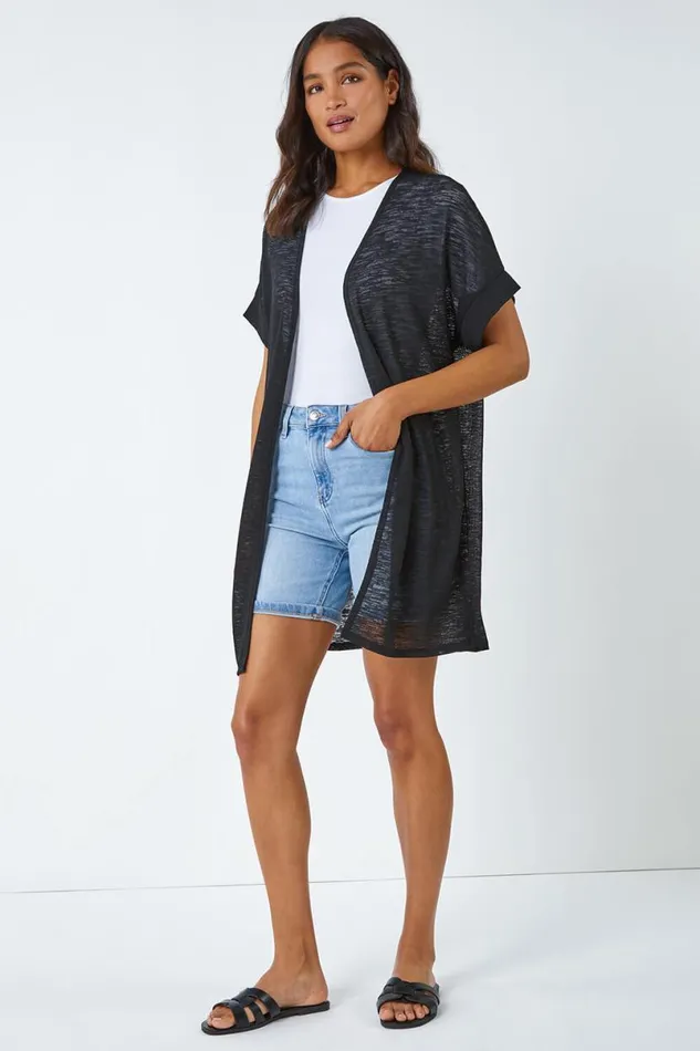 Black Short Sleeve Longline Cardigan Women Roman Knitwear