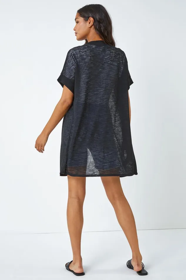 Black Short Sleeve Longline Cardigan Women Roman Knitwear