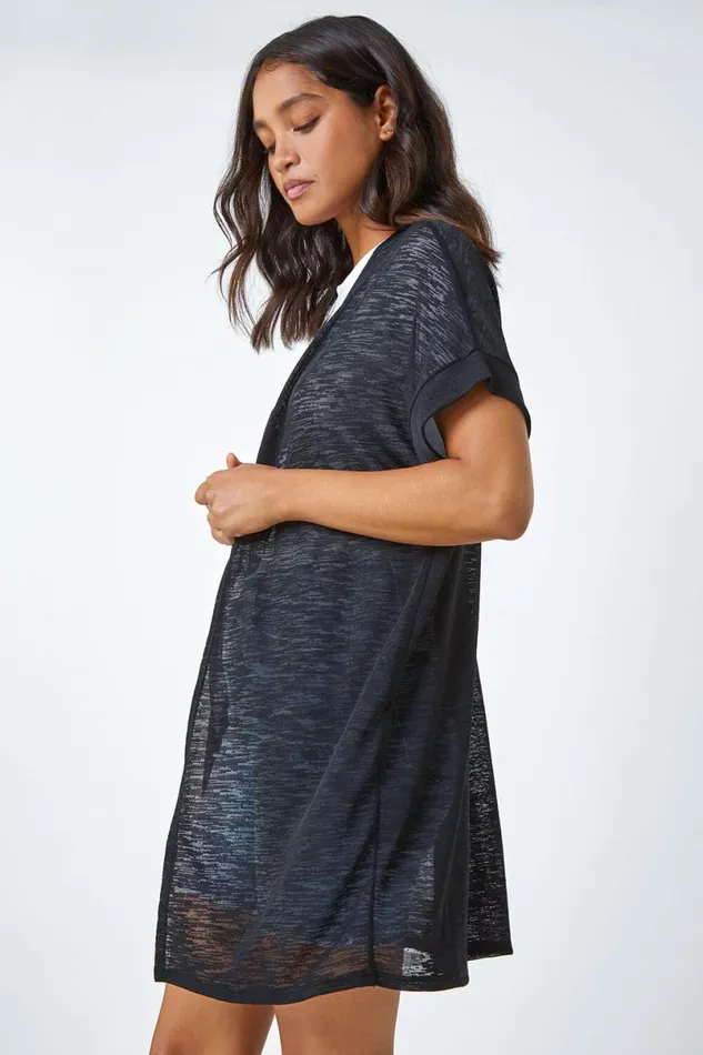 Black Short Sleeve Longline Cardigan Women Roman Knitwear