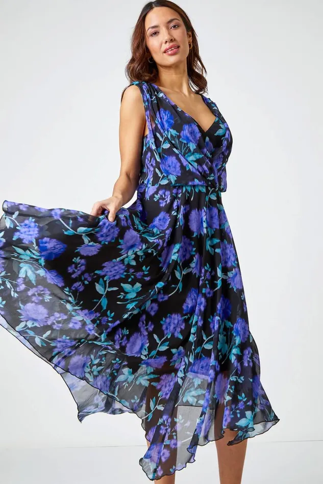 Black Sleeveless Floral Chiffon Asymmetric Midi Dress Women Roman Dresses