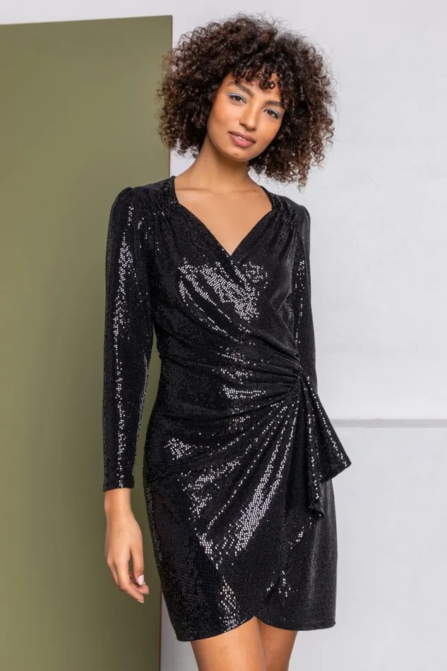 Black Sparkle Embellished Ruched Wrap Dress Women Roman Dresses
