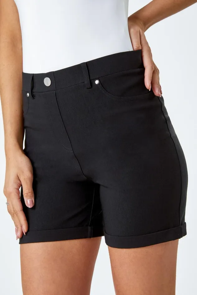 Black Stretch Elastic Waist Turn Up Shorts Women Roman Shorts