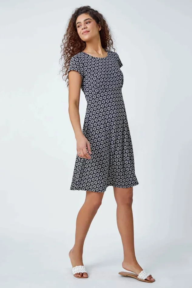 Black Textured Geometric Print Tea Dress Women Roman Dresses