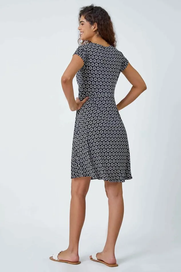 Black Textured Geometric Print Tea Dress Women Roman Dresses