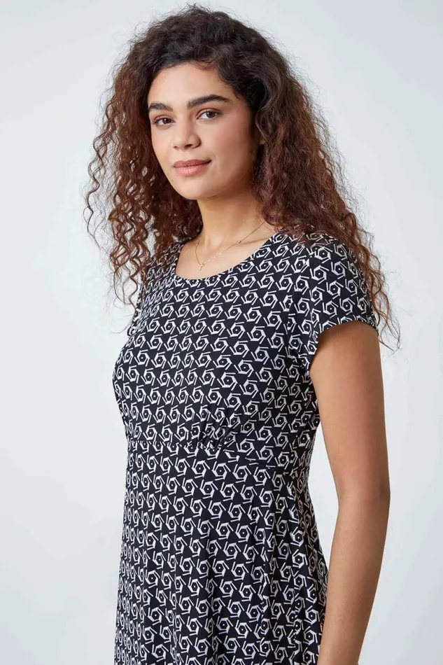 Black Textured Geometric Print Tea Dress Women Roman Dresses