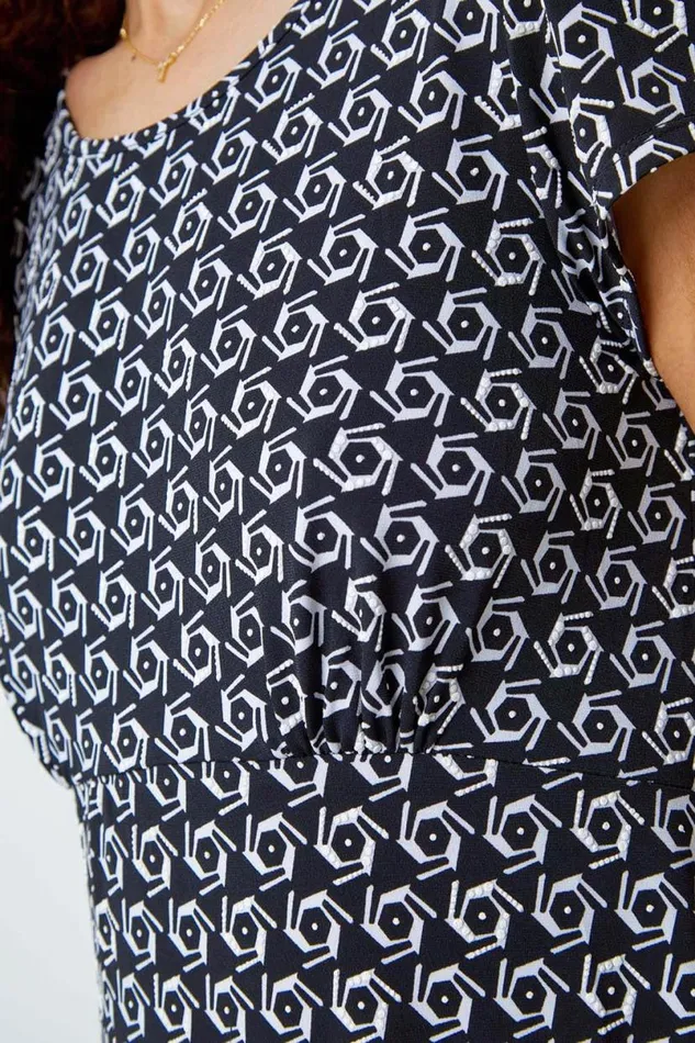 Black Textured Geometric Print Tea Dress Women Roman Dresses