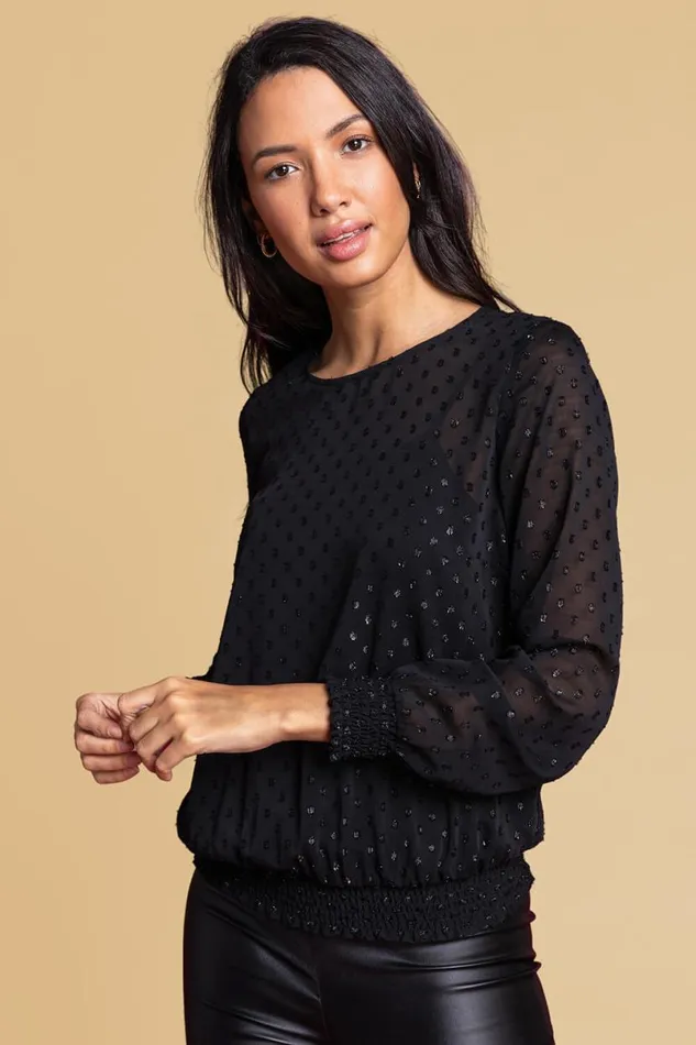 Black Textured Spot Shirred Shimmer Top Women Roman Tops