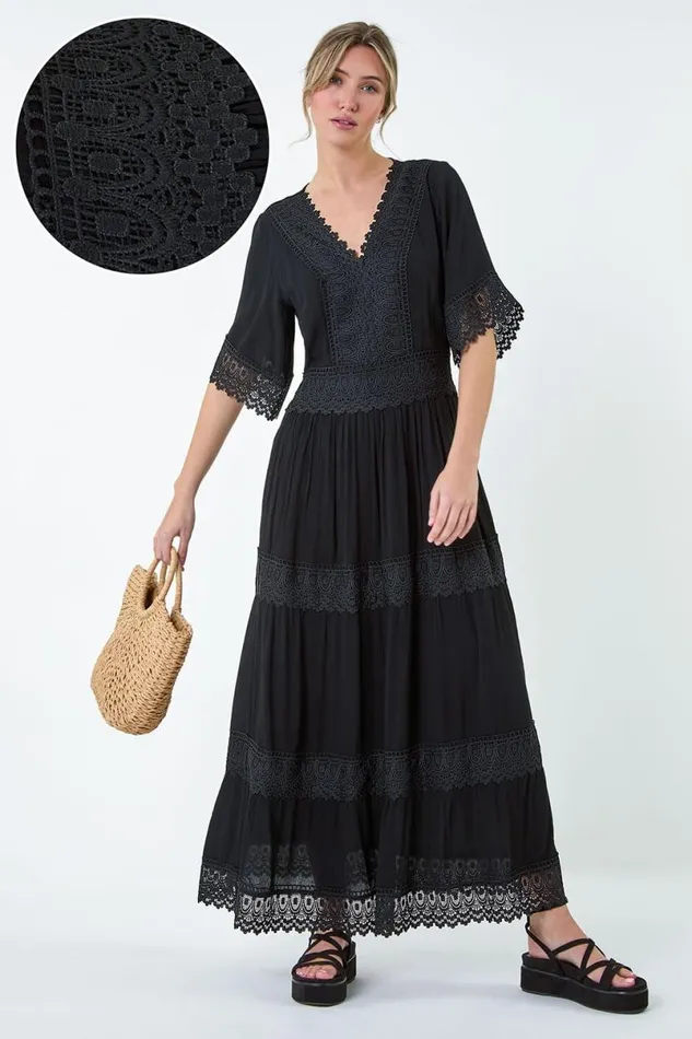Black Tiered Lace Detail Maxi Dress Women Roman Dresses
