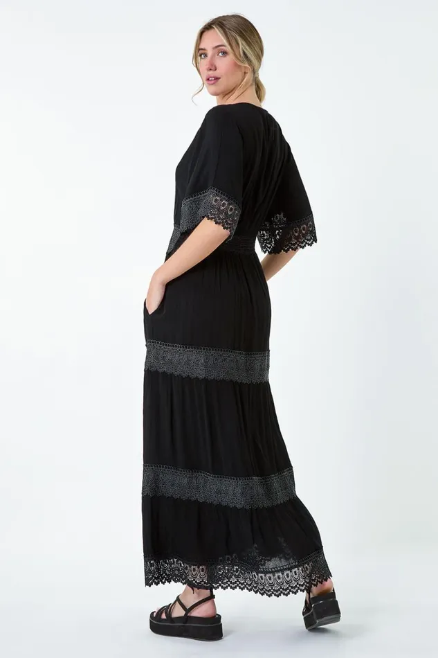 Black Tiered Lace Detail Maxi Dress Women Roman Dresses